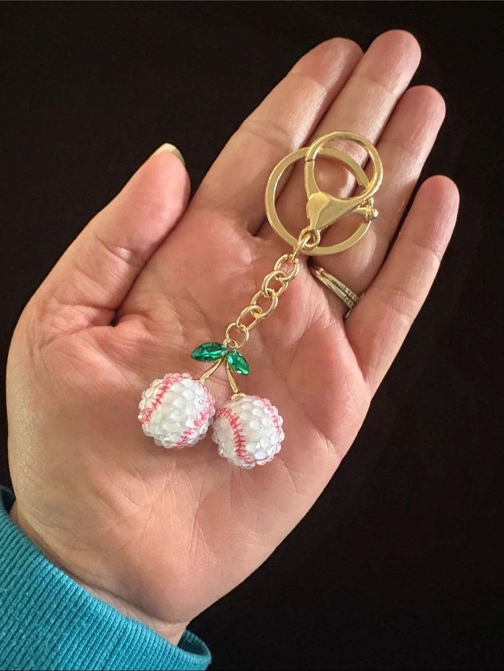 Gold Cherry Keychain Bag Charm with White & Green Beaded Bling Baseball Charm